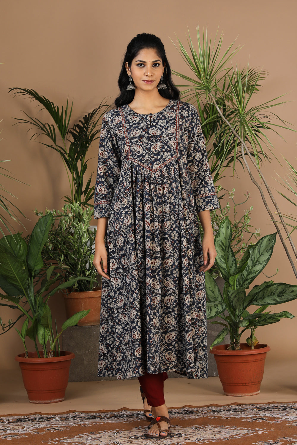 Indigo blue kalamkari handblock printed cotton dress