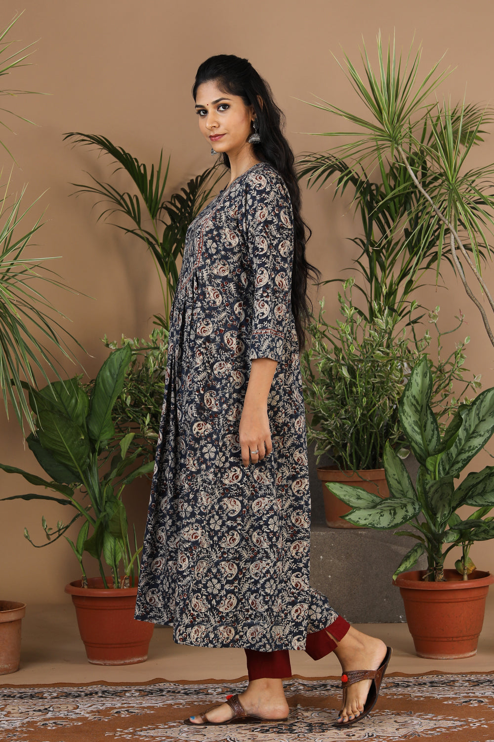 Indigo blue kalamkari handblock printed cotton dress