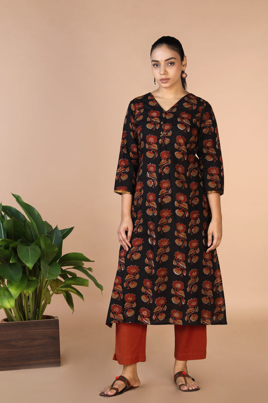 Deep Black Bagru Handblock printed Kurti