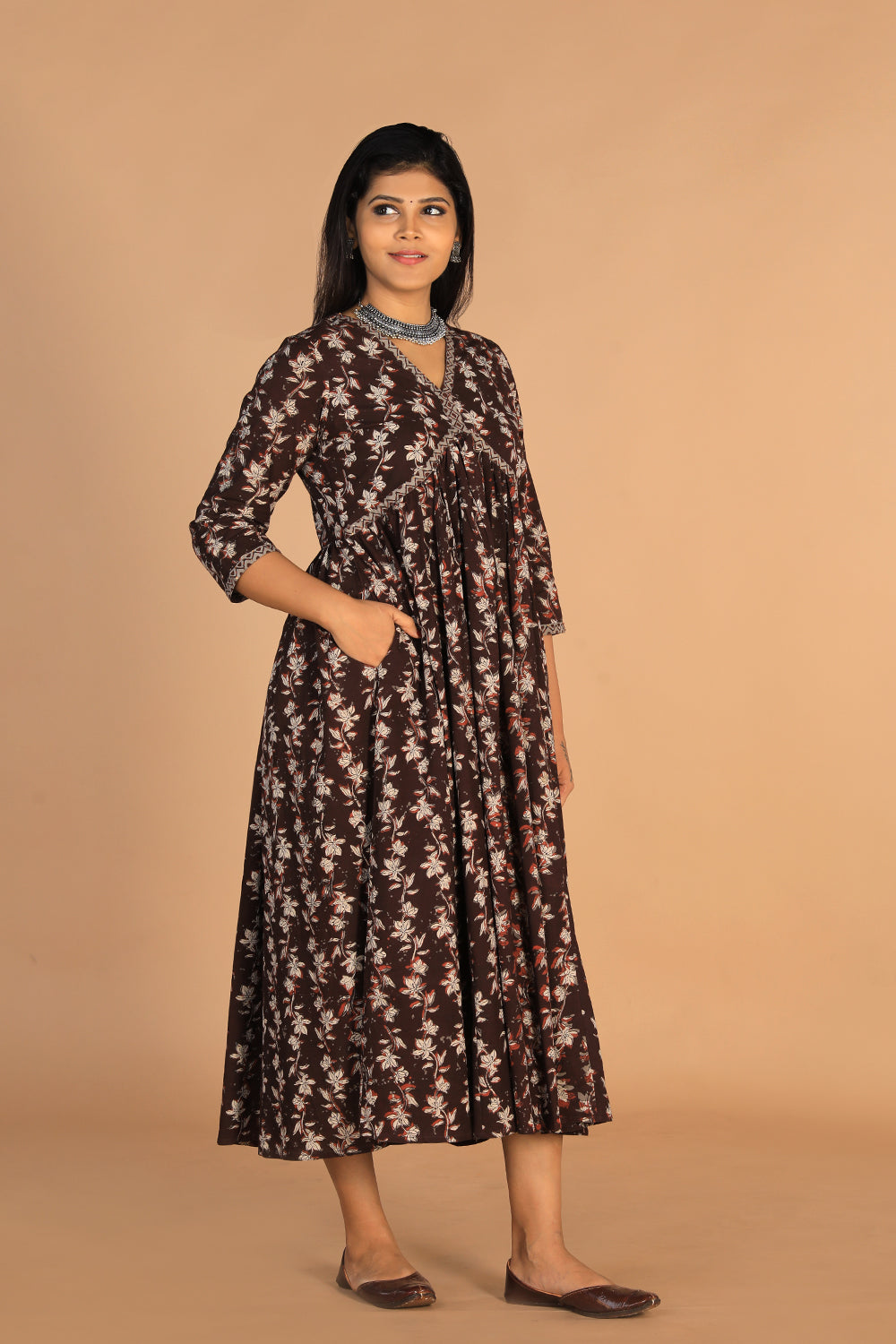 Deep bark brown Cotton Bagru dress