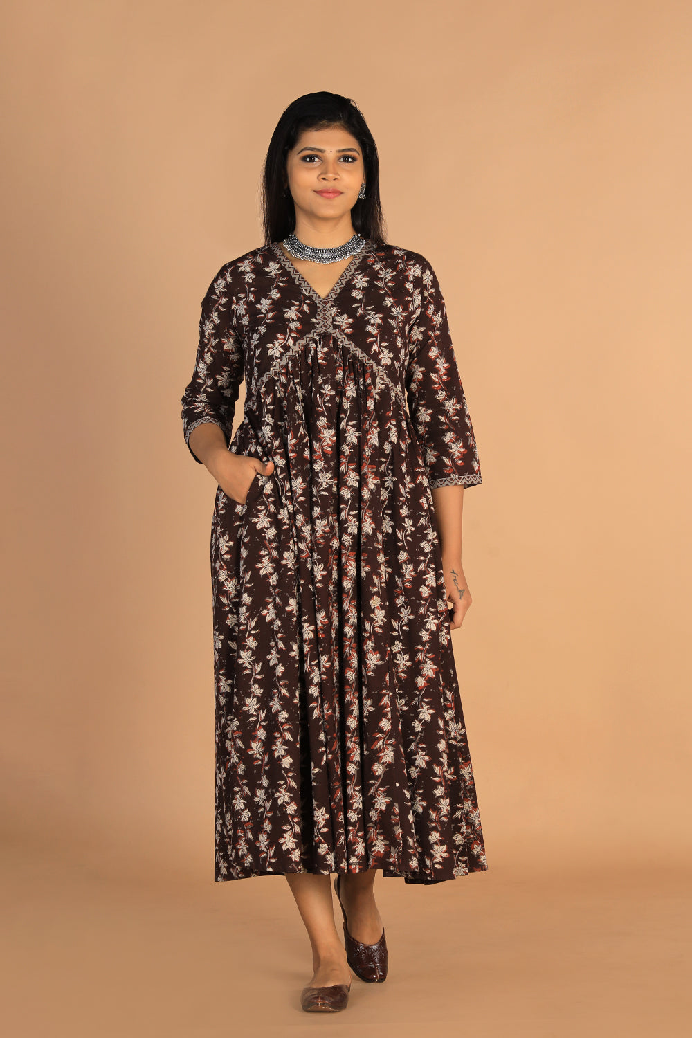 Deep bark brown Cotton Bagru dress