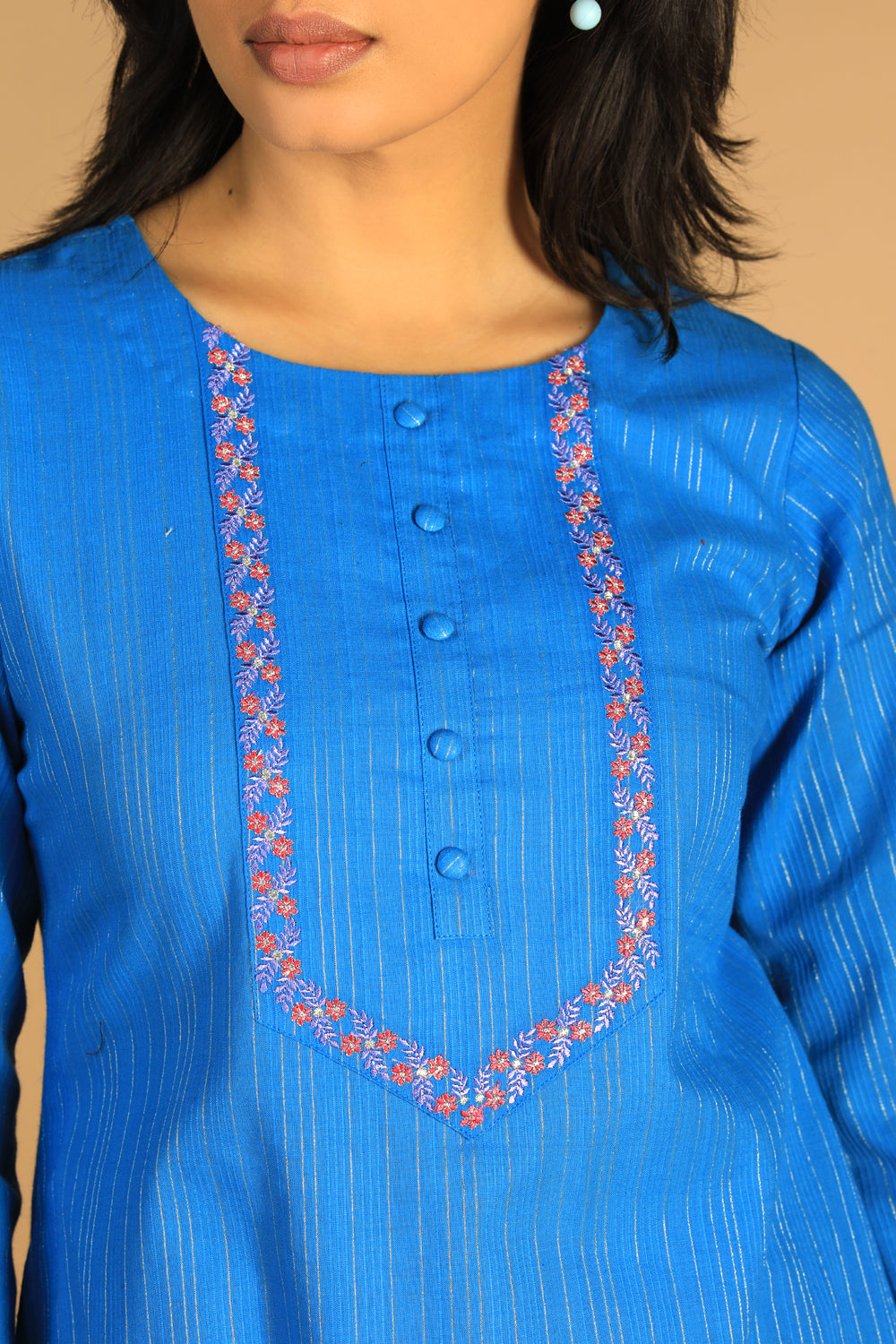 Azure blue embroidered cotton Kurti
