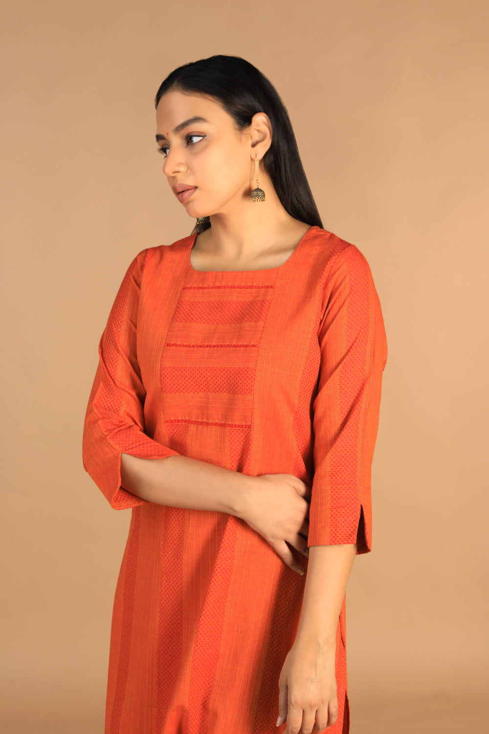 Marigold orange woven cotton kurti