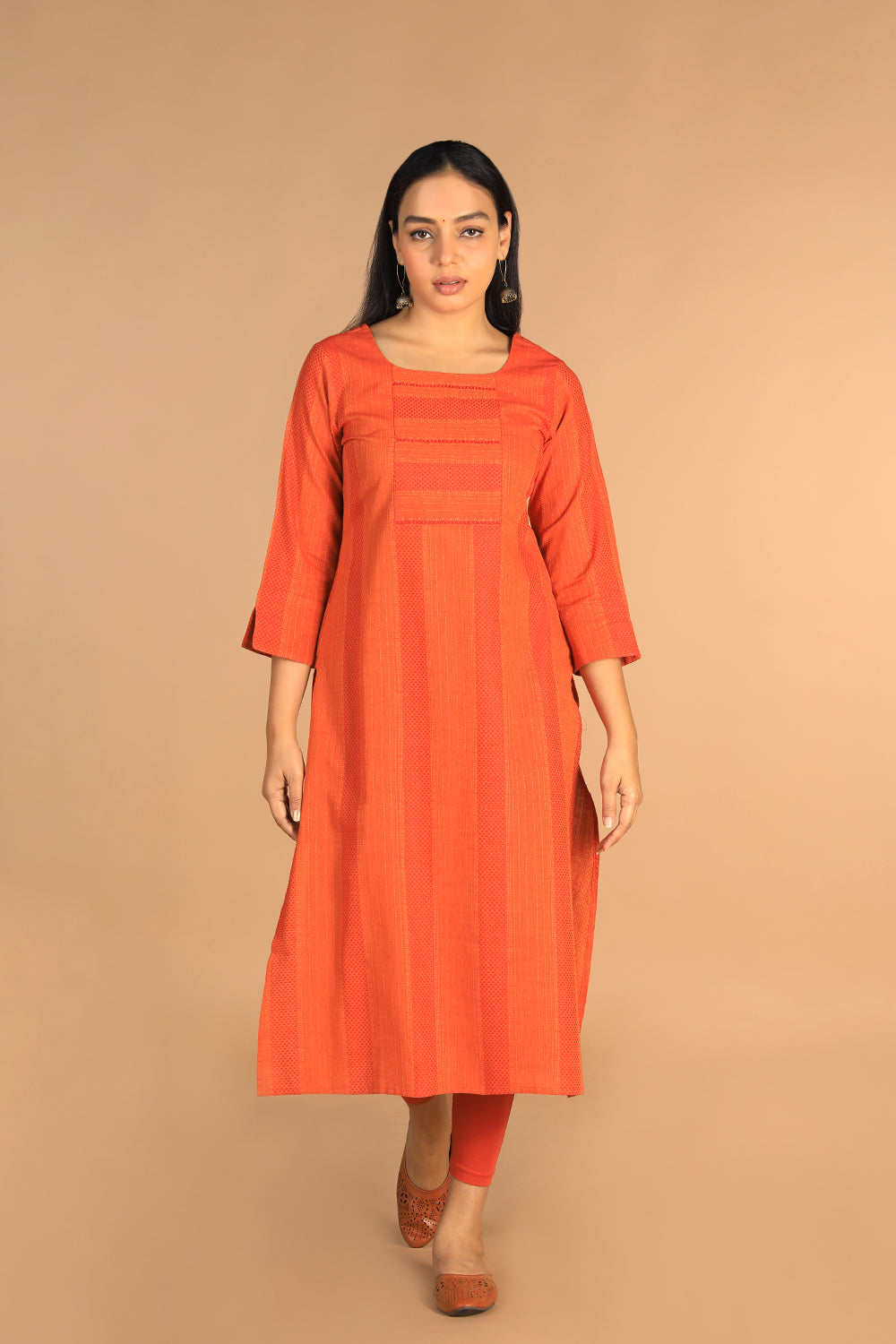 Marigold orange woven cotton kurti