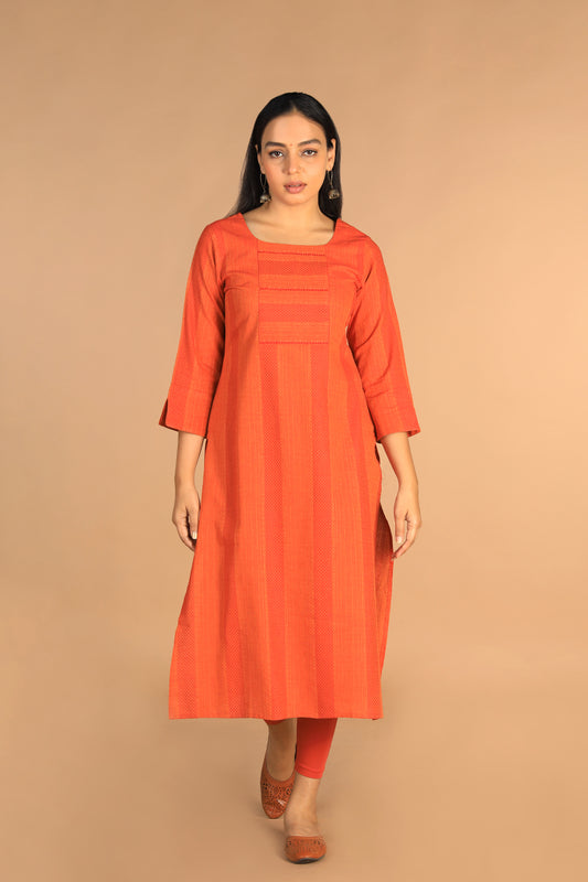 Marigold orange woven cotton kurti
