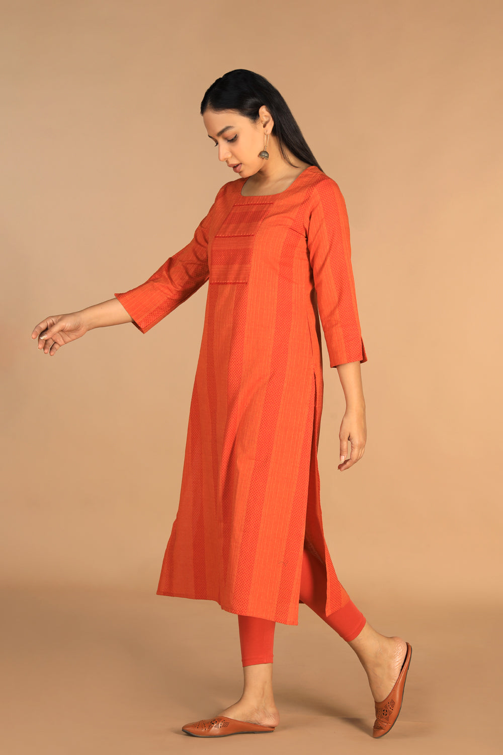 Marigold orange woven cotton kurti