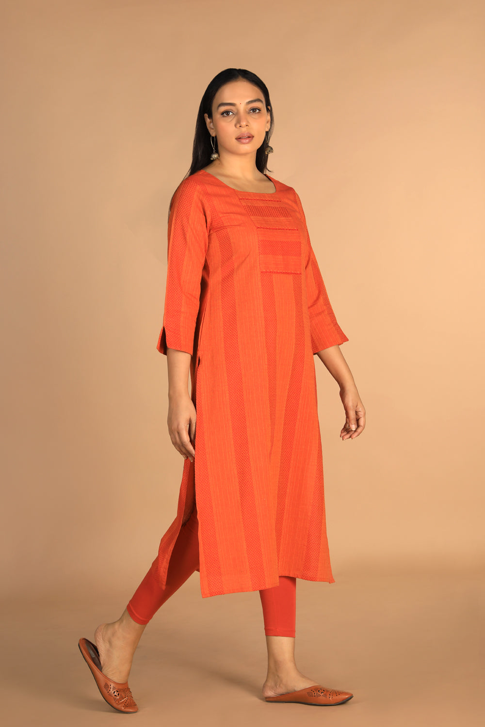 Marigold orange woven cotton kurti