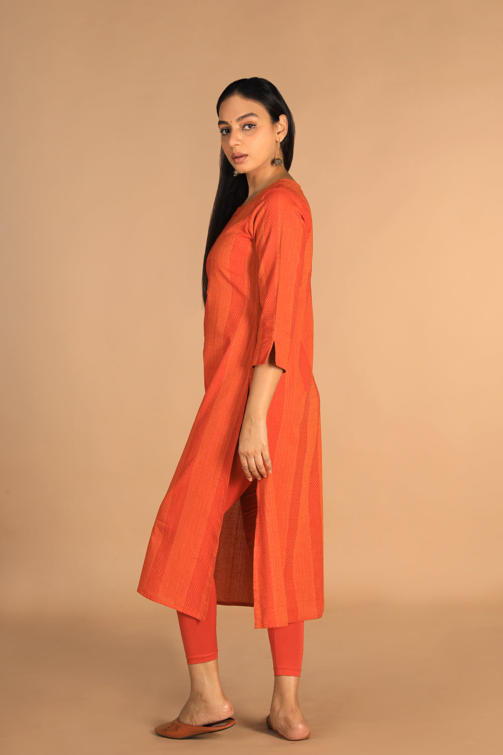 Marigold orange woven cotton kurti