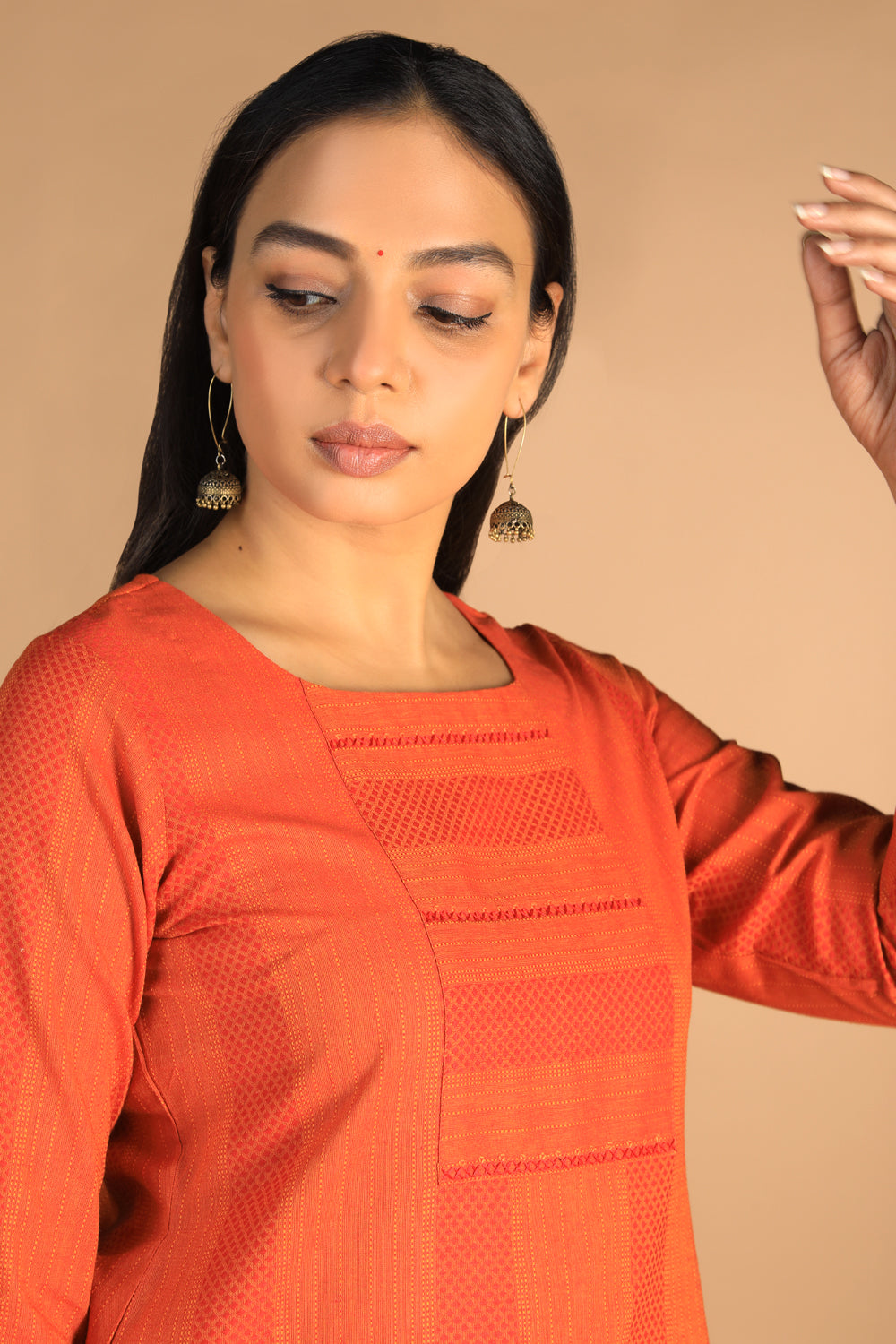 Marigold orange woven cotton kurti