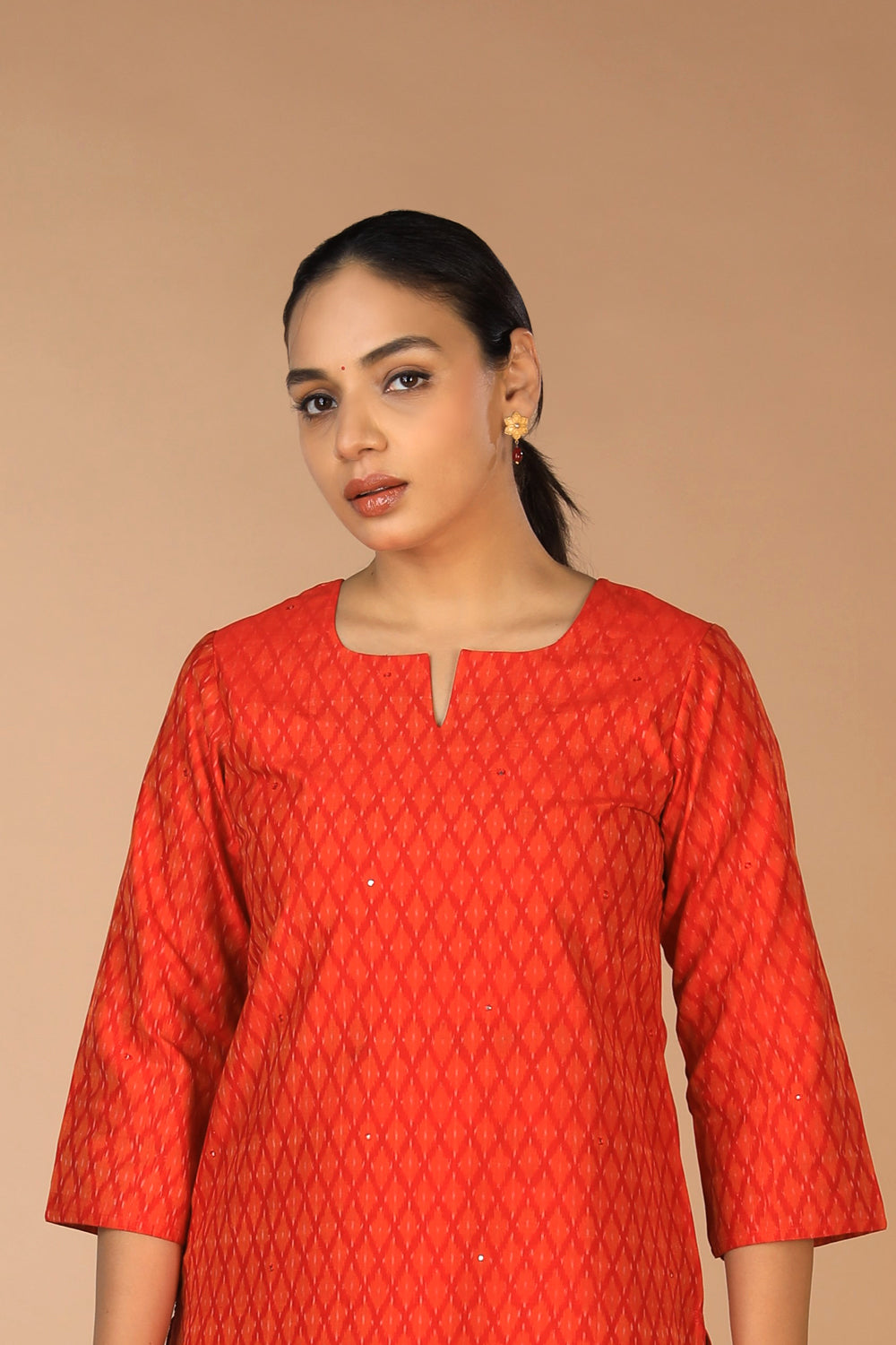 Vermillion red Pochampally Silk Ikat Kurti