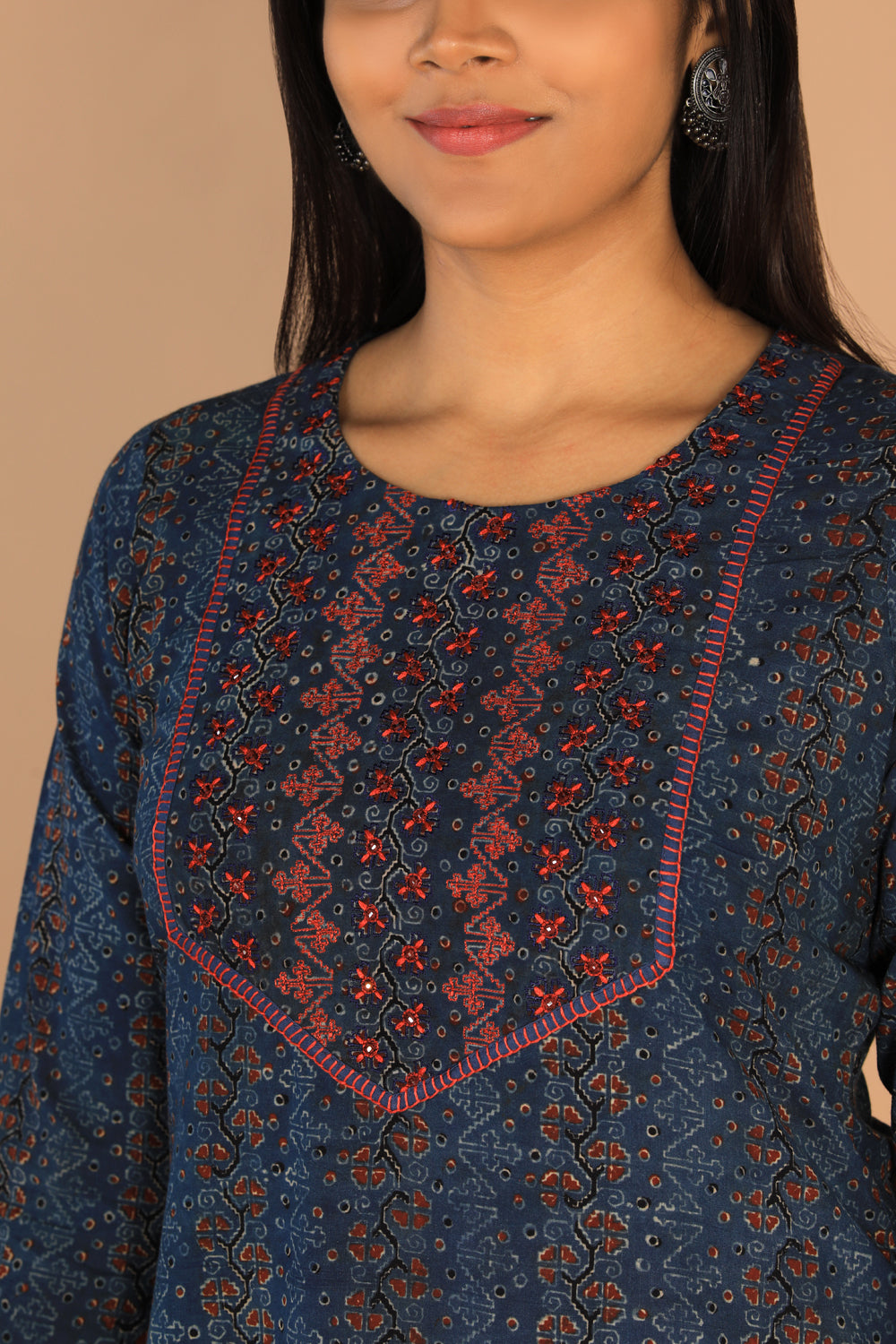 Thread and mirror embroidered Ajrakh cotton kurti