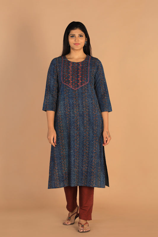 Thread and mirror embroidered Ajrakh cotton kurti