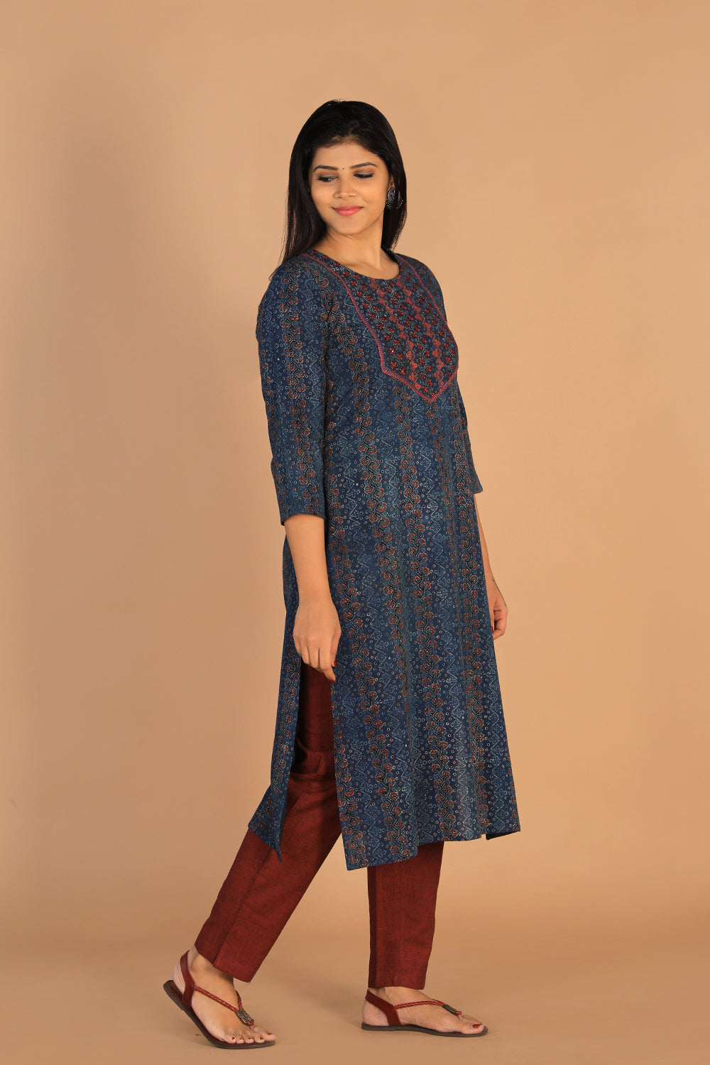 Thread and mirror embroidered Ajrakh cotton kurti