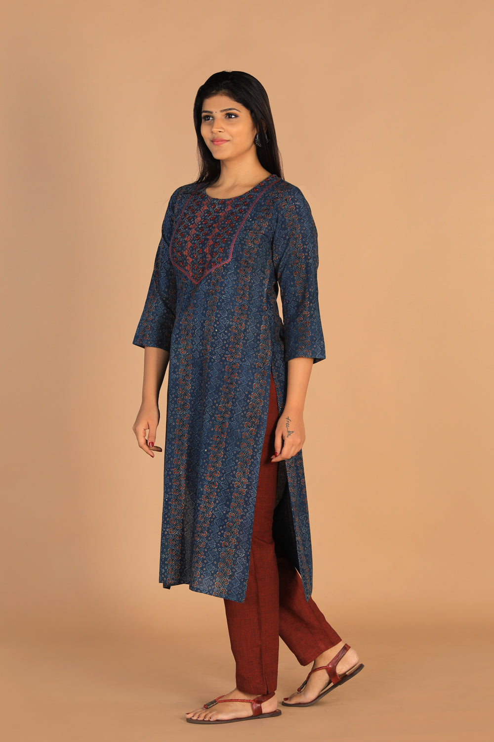 Thread and mirror embroidered Ajrakh cotton kurti