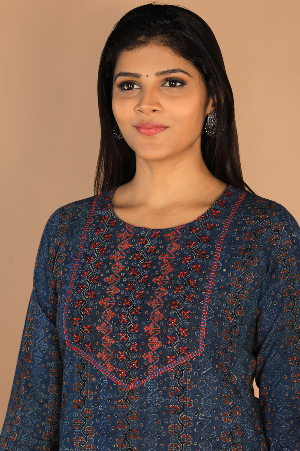 Thread and mirror embroidered Ajrakh cotton kurti