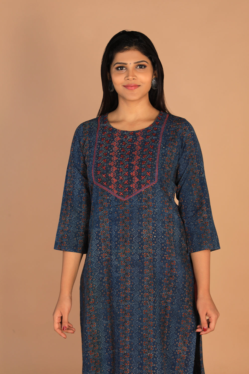 Thread and mirror embroidered Ajrakh cotton kurti