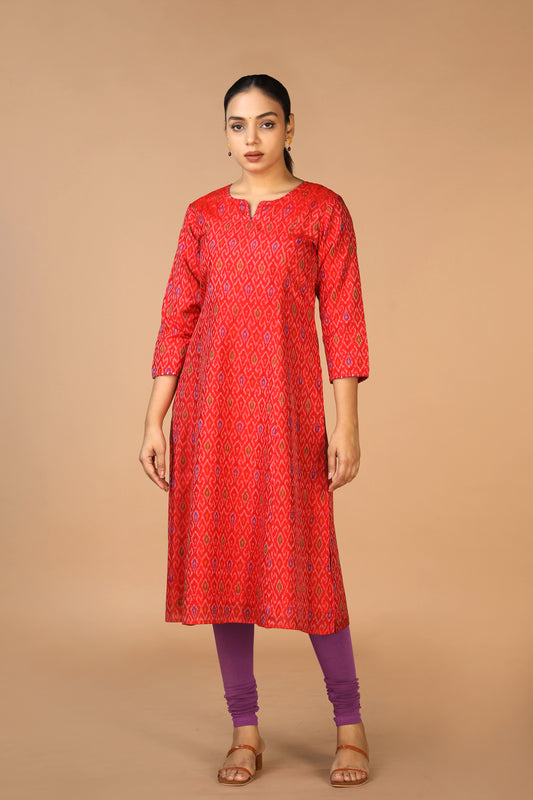 Vermillion red  Silk Pochampally Ikat kurti