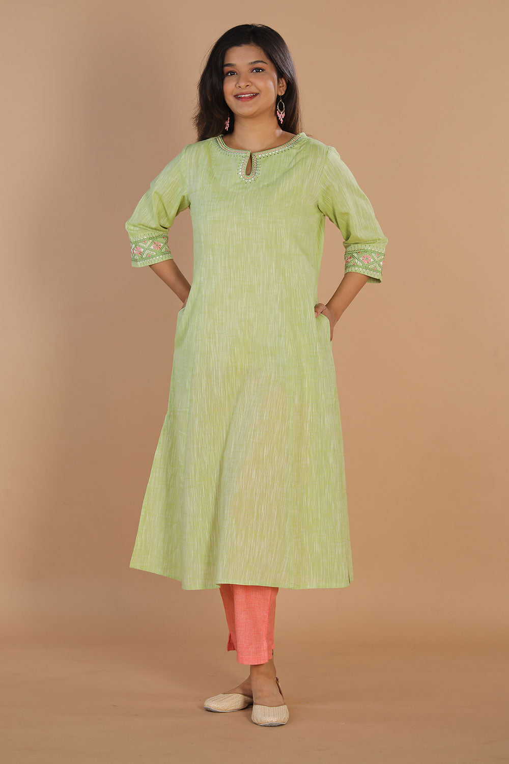 Traditional embroidered Pista green cotton kurta