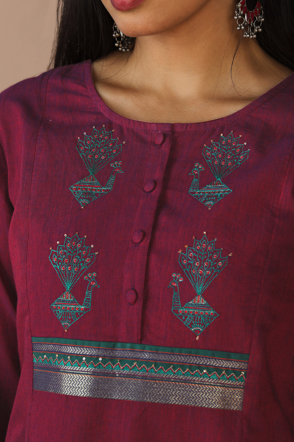 Peacock embroidered traditional cotton kurta