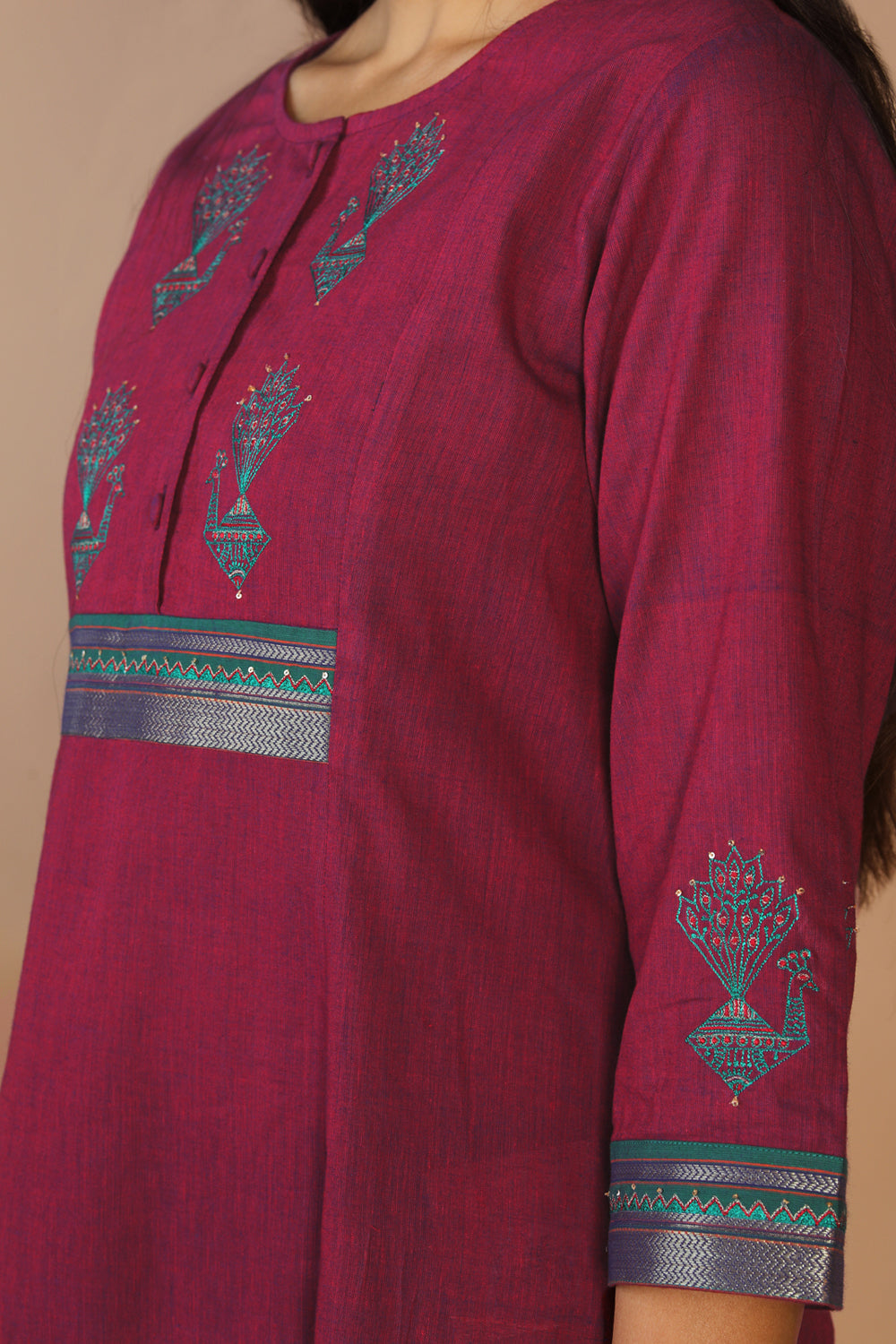 Peacock embroidered traditional cotton kurta