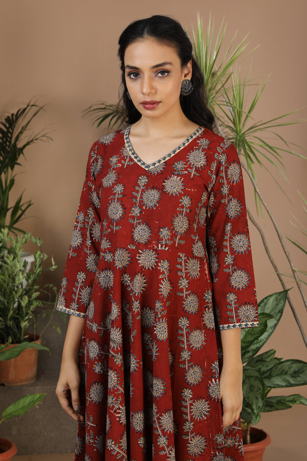 Maroon Kalamkari handblockprinted cotton dress