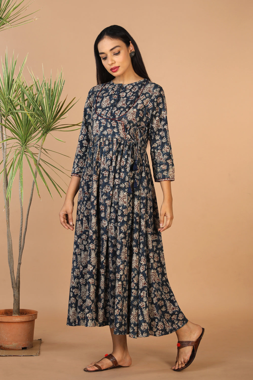 Indigo blue Kalamkari hand block printed long dress