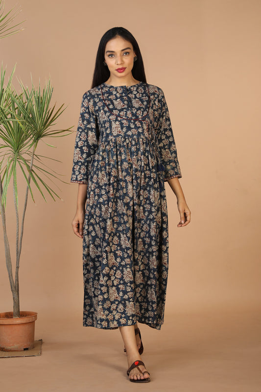 Indigo blue Kalamkari hand block printed long dress