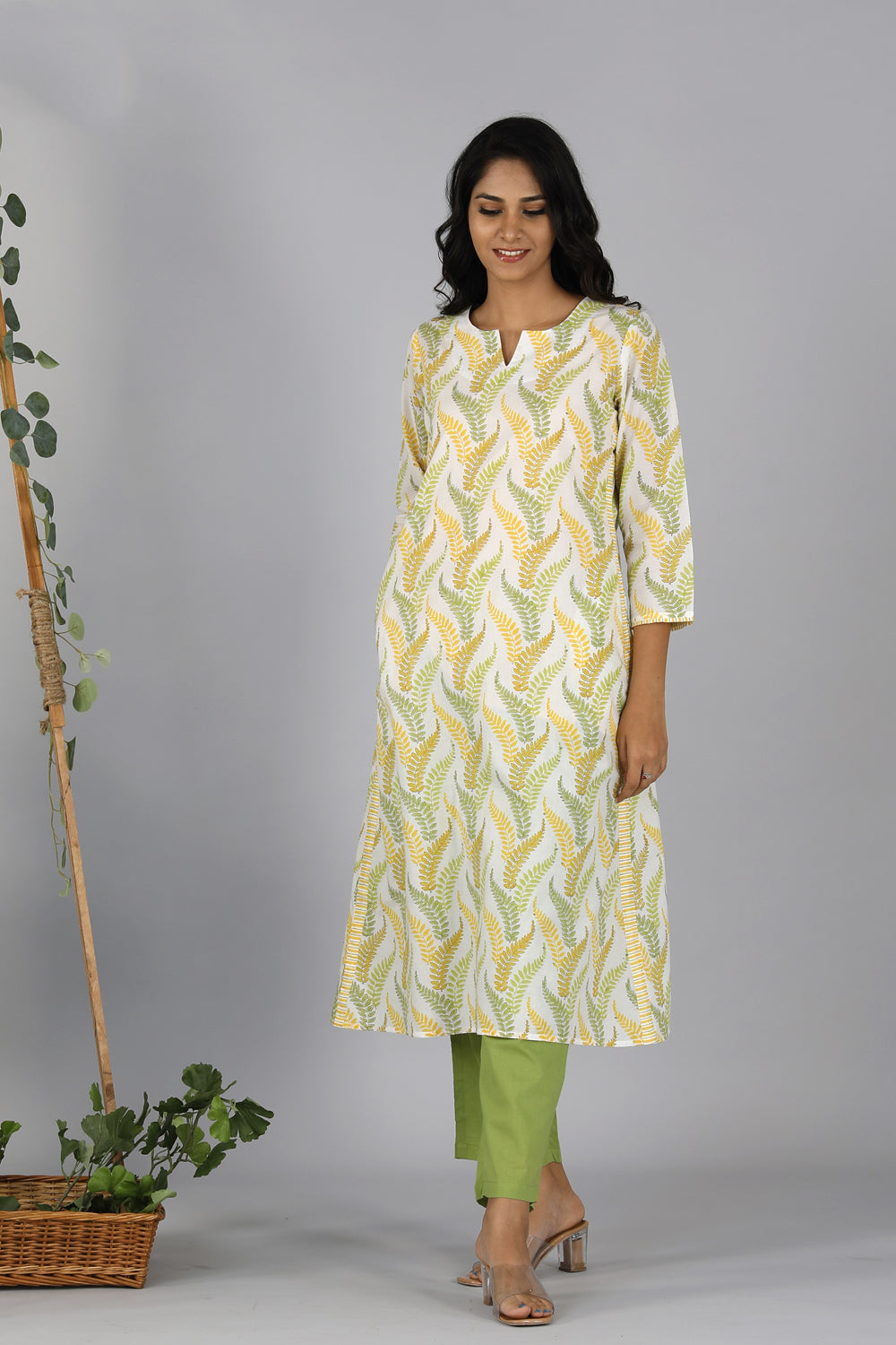 Lime yellow handblock printed cotton kurti