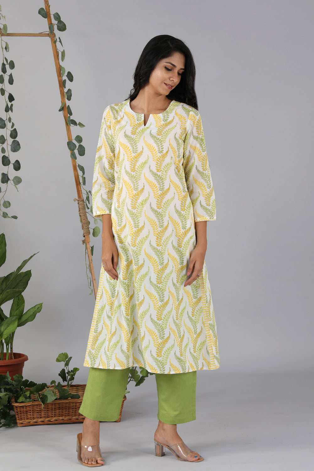Lime yellow handblock printed cotton kurti