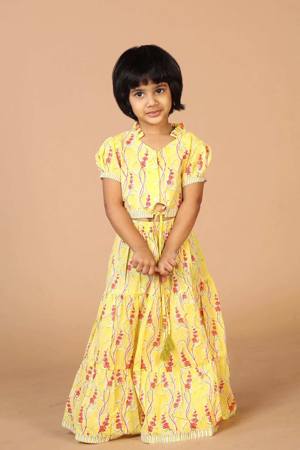 Girls' tiered cotton block printed  shirt and top set