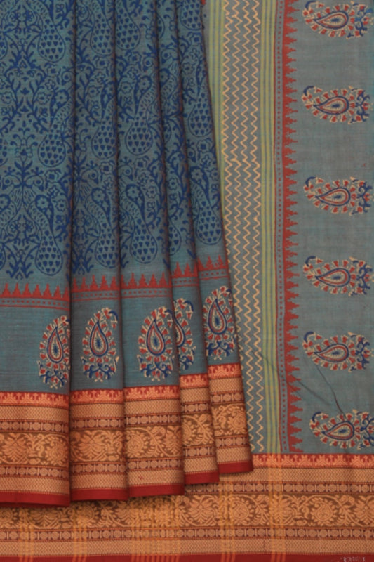 Hand block printed cotton saree