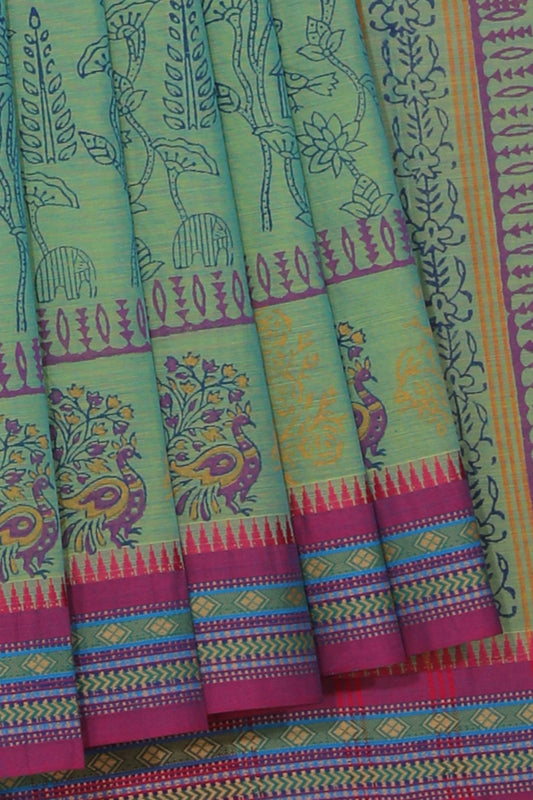 Hand block printed cotton saree