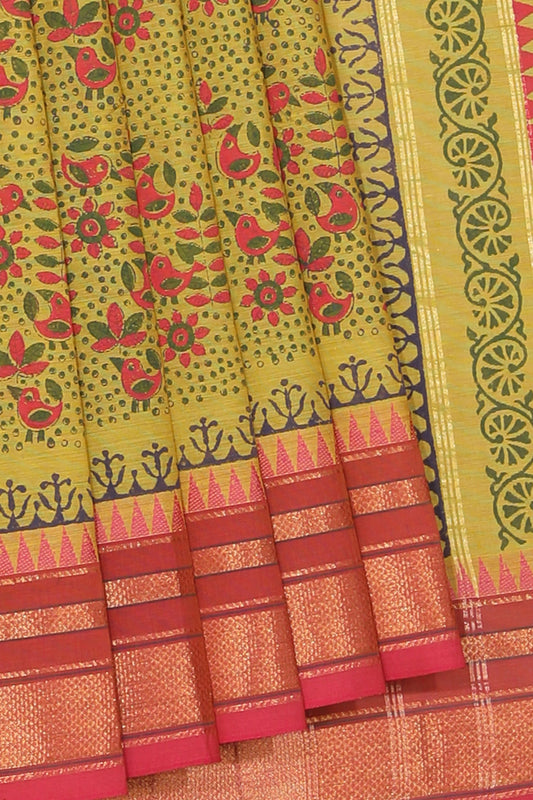 Hand block printed cotton saree