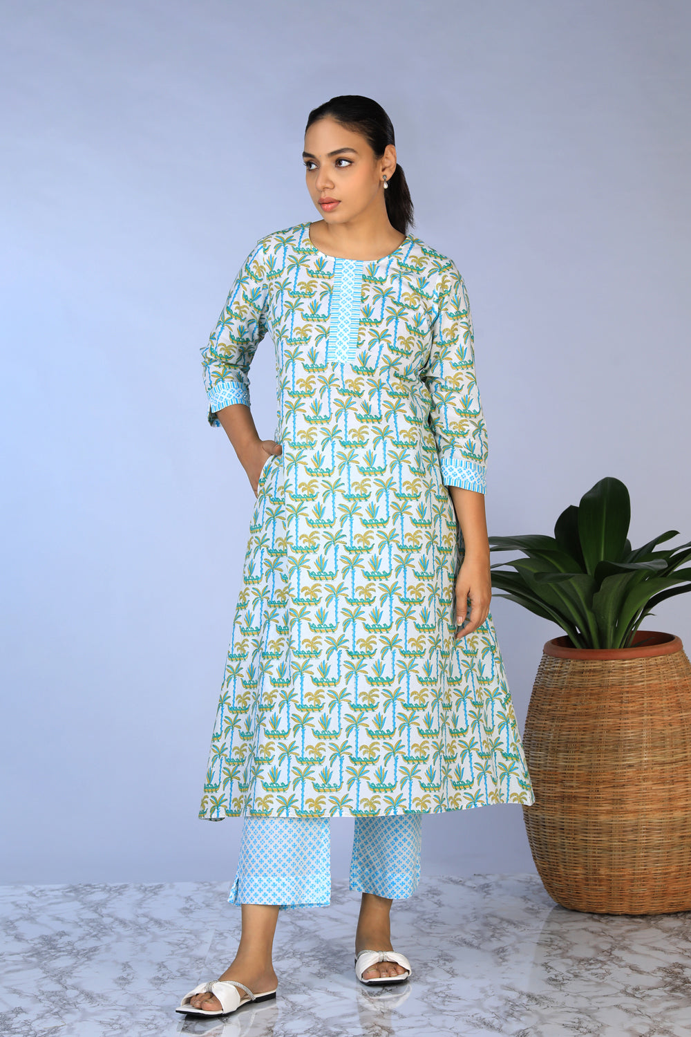 Handblock Printed A-line Kurti with pants set