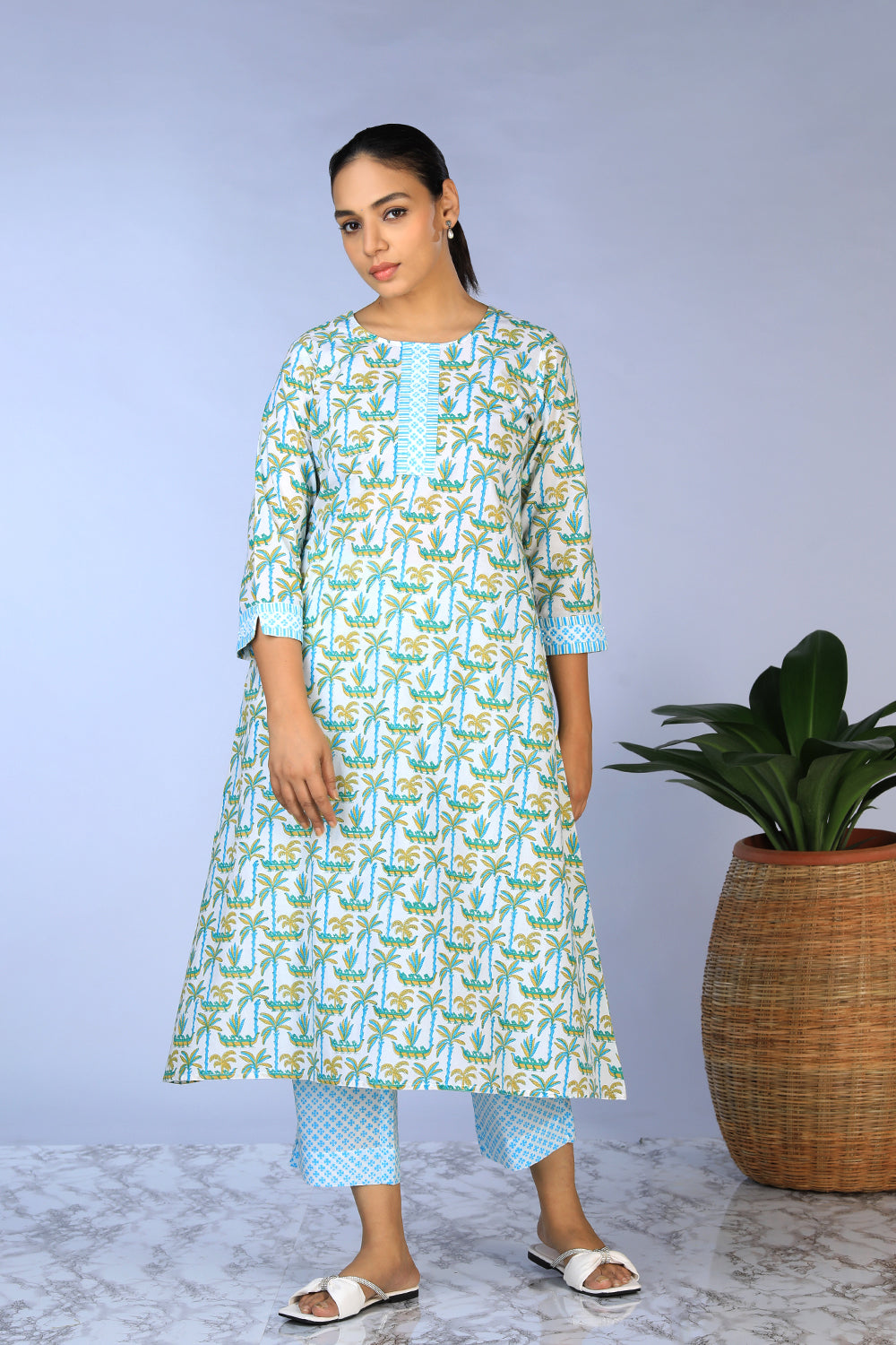 Handblock Printed A-line Kurti with pants set