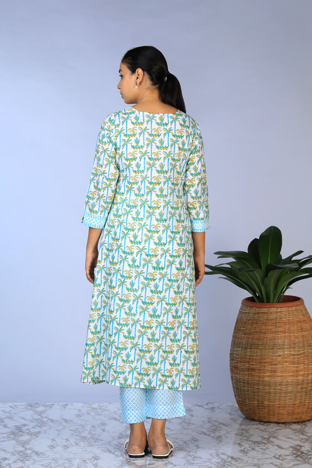 Handblock Printed A-line Kurti with pants set