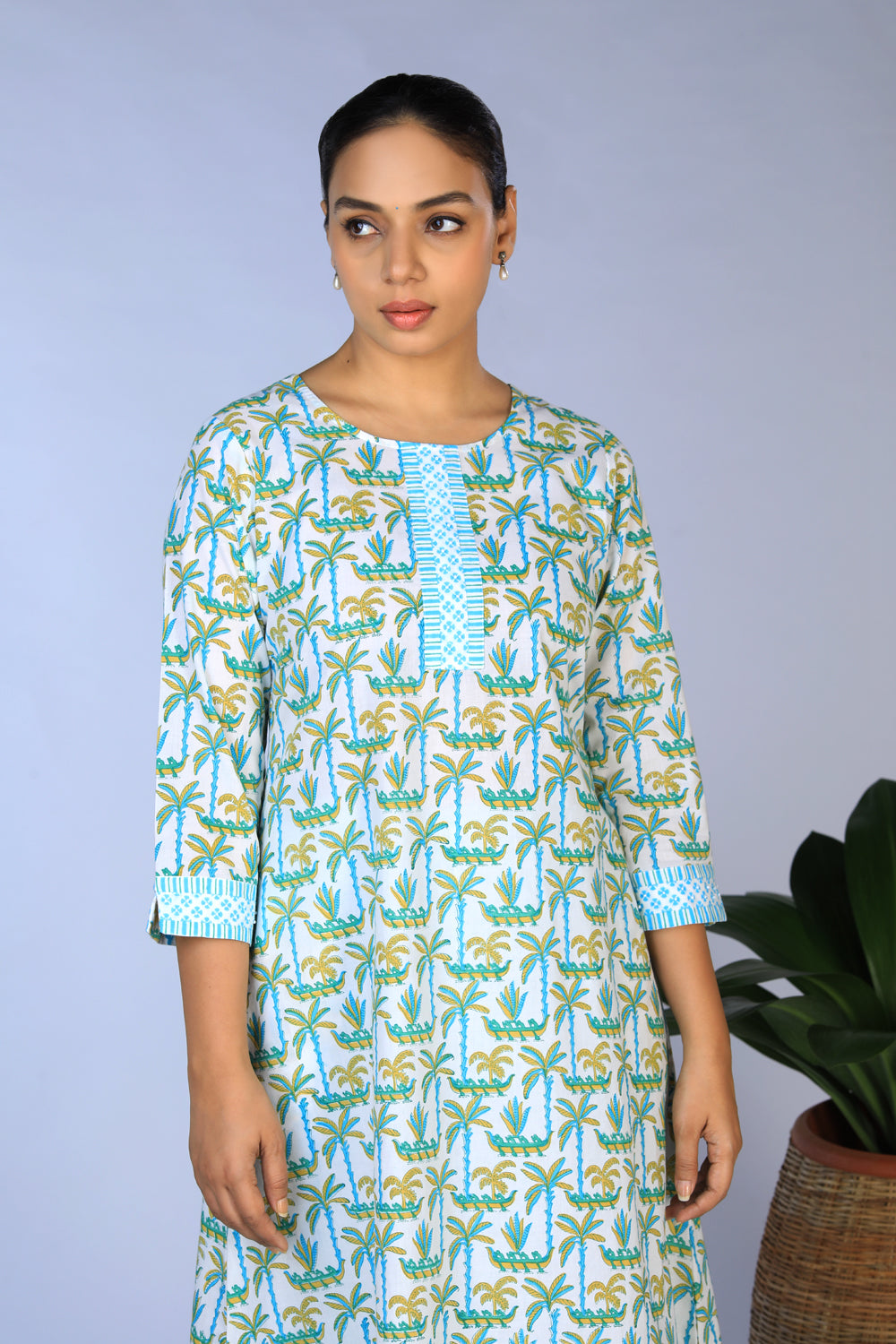 Handblock Printed A-line Kurti with pants set