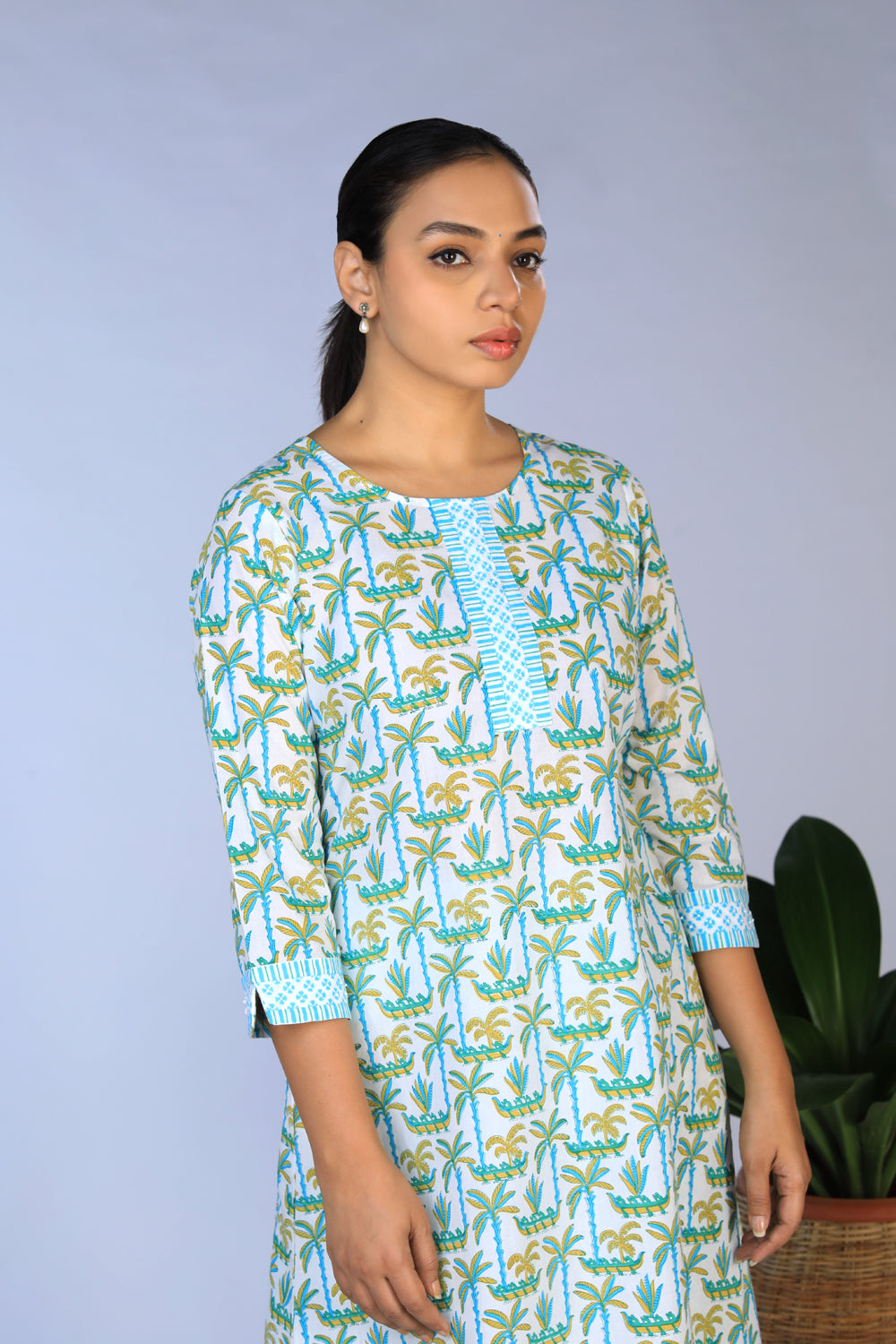 Handblock Printed A-line Kurti with pants set