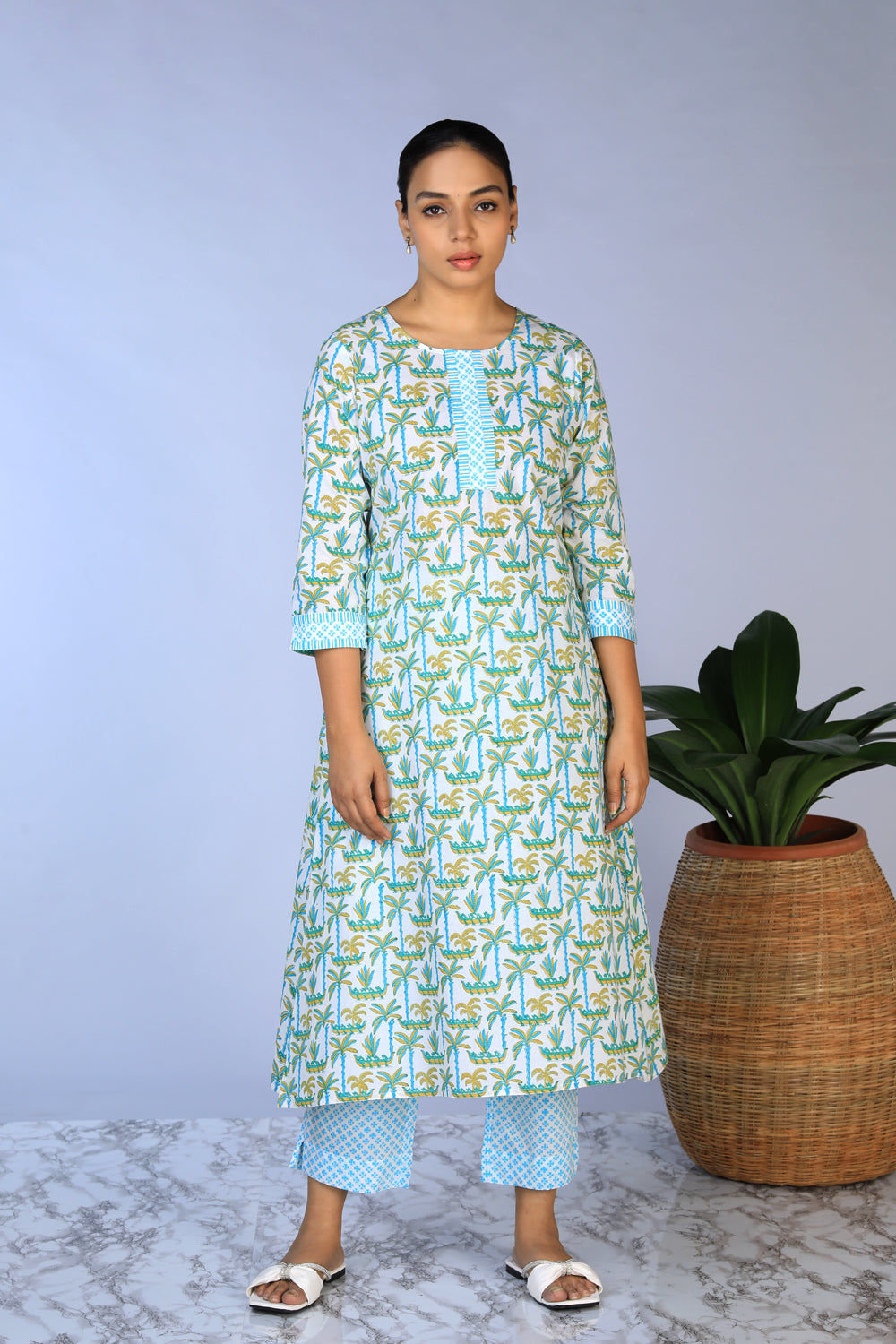 Handblock Printed A-line Kurti with pants set