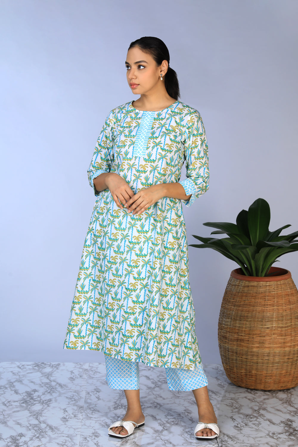 Handblock Printed A-line Kurti with pants set