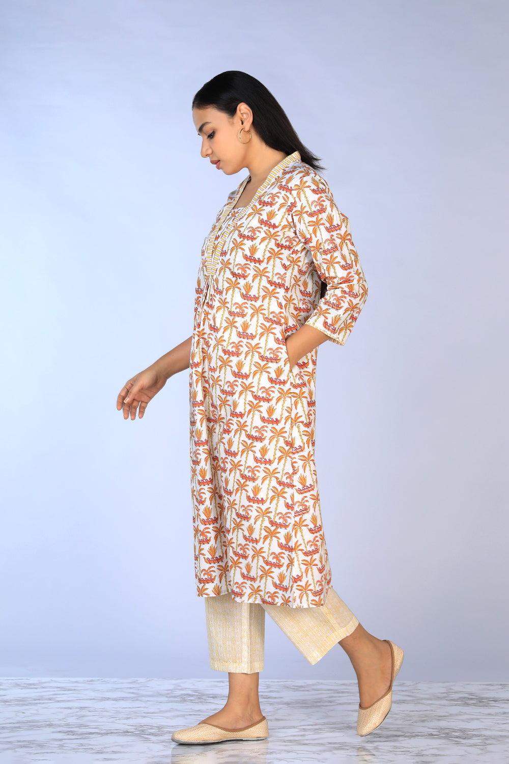 Handblock Printed A-line Kurti with pants set