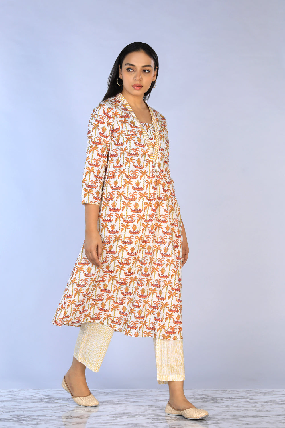 Handblock Printed A-line Kurti with pants set