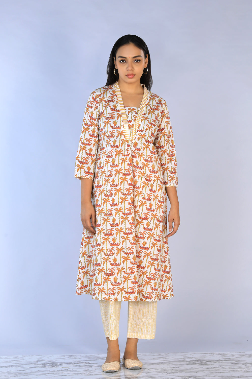 Handblock Printed A-line Kurti with pants set