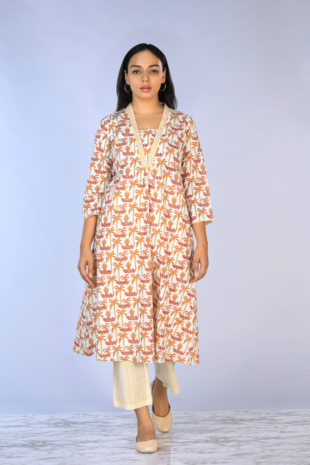 Handblock Printed A-line Kurti with pants set