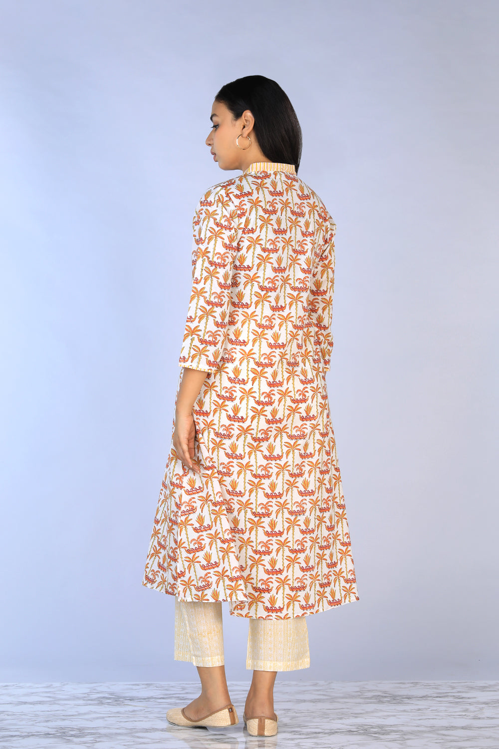 Handblock Printed A-line Kurti with pants set