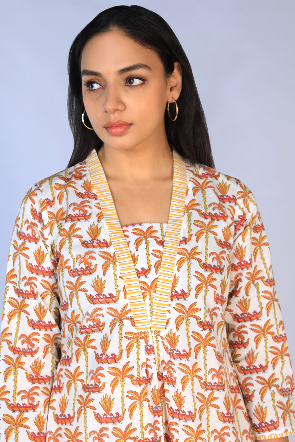 Handblock Printed A-line Kurti with pants set