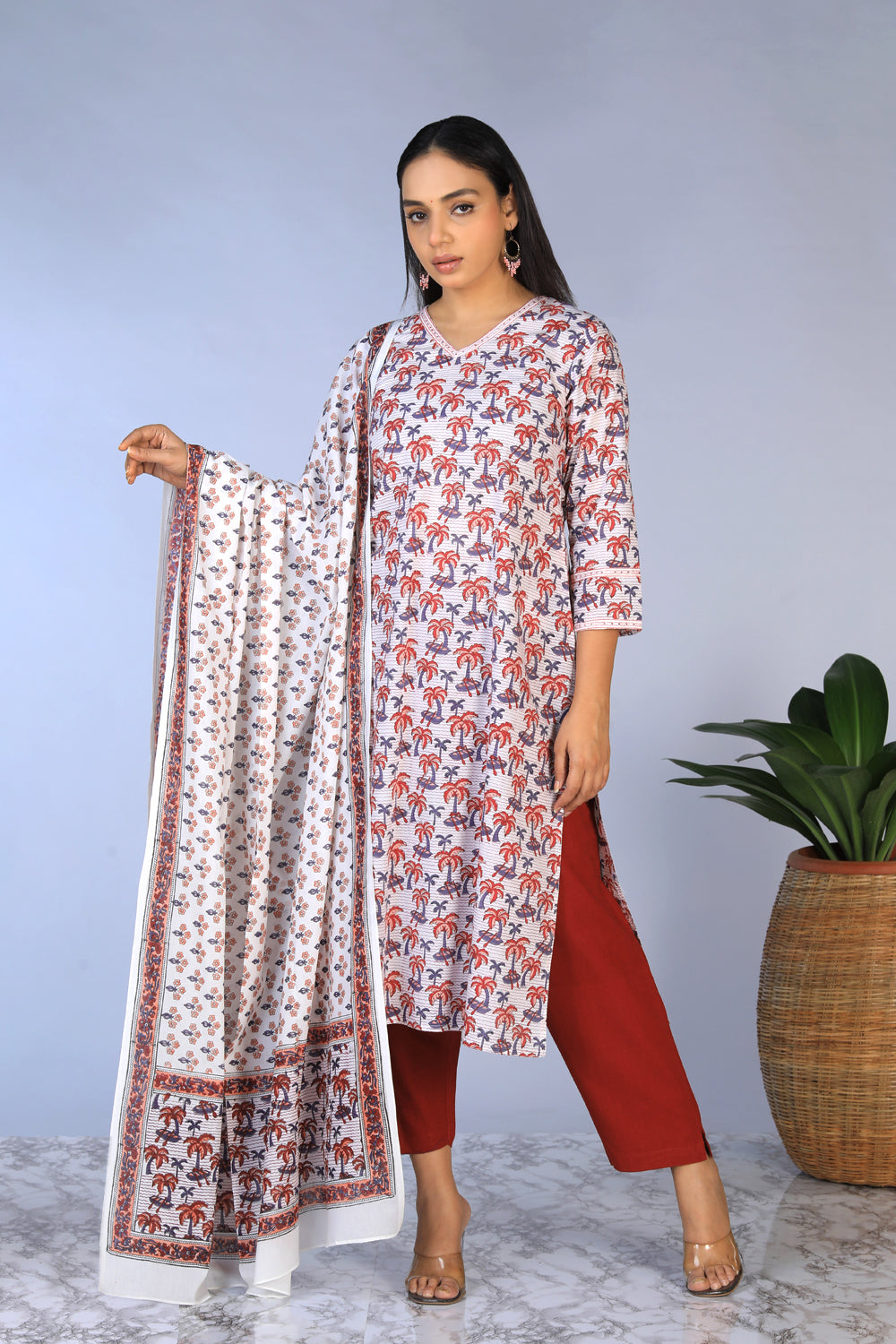 Handblock printed straight fit Kurti and dupatta set