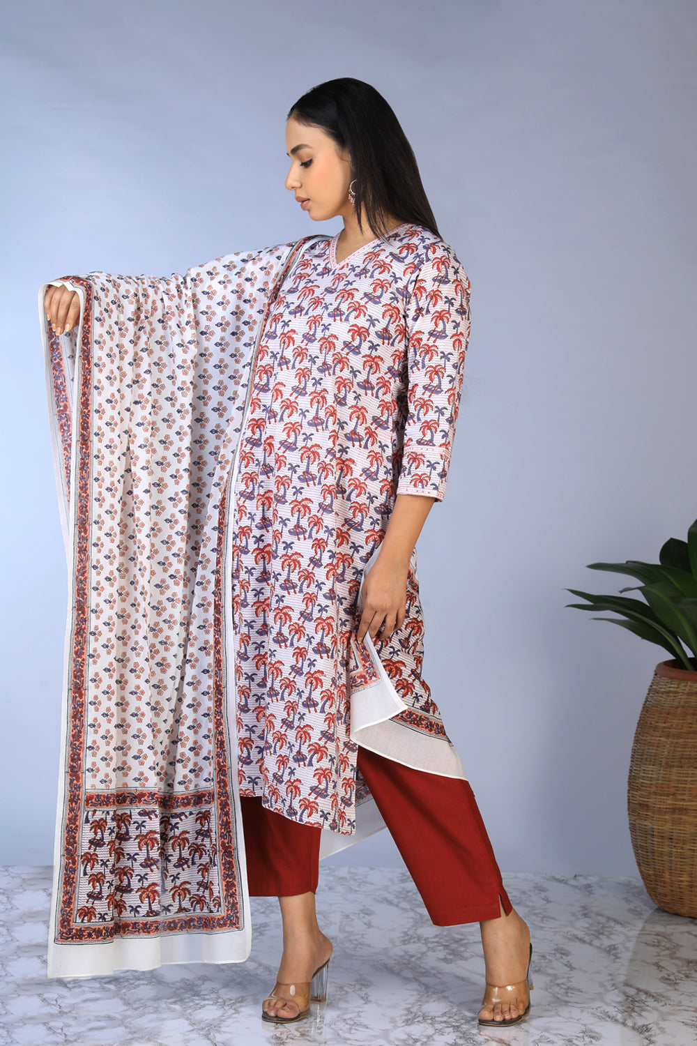 Handblock printed straight fit Kurti and dupatta set