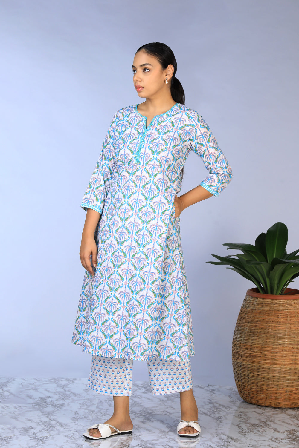 Handblock Printed Kurta, pants & dupatta set