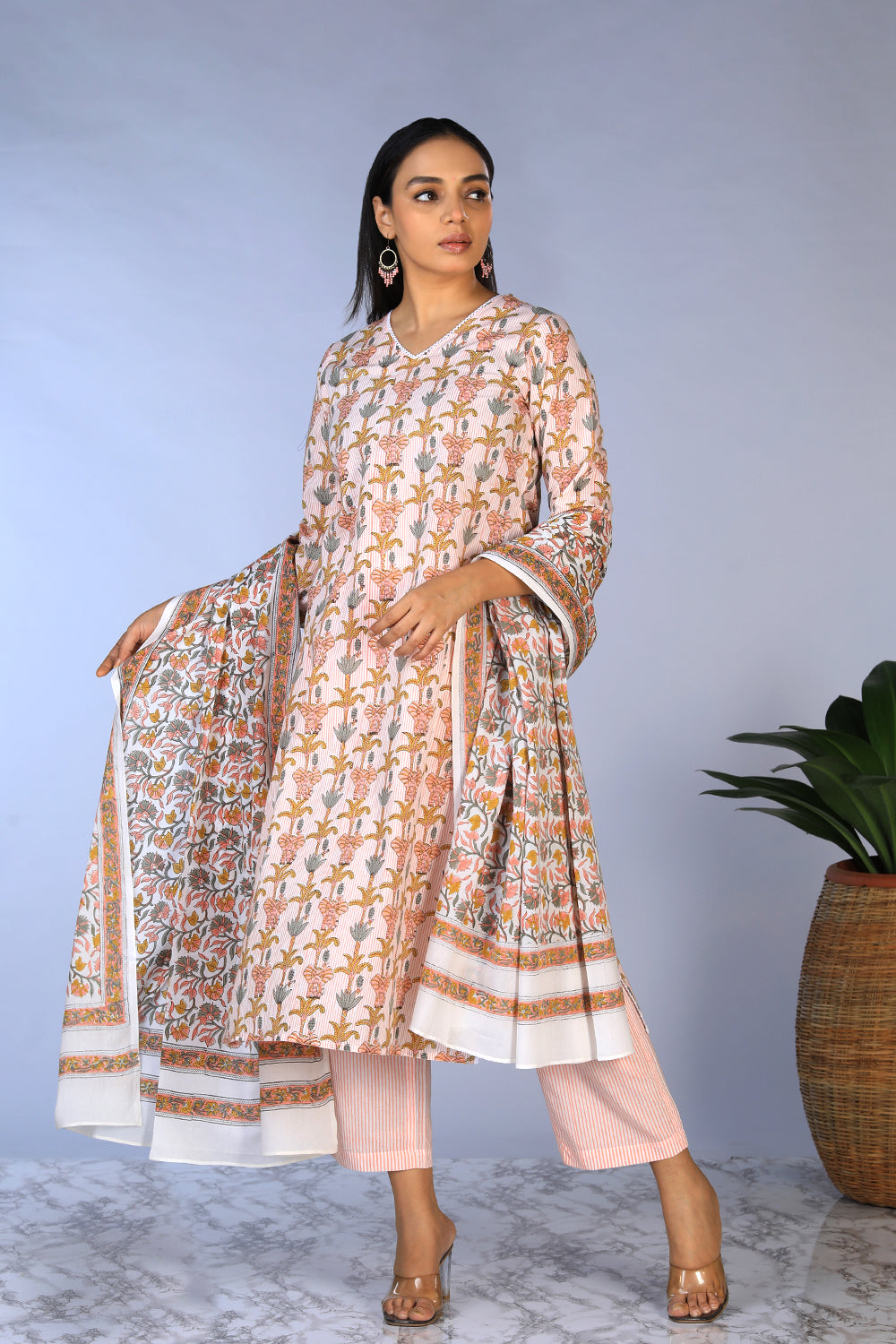 Handblock printed kurti ,pants and dupatta set